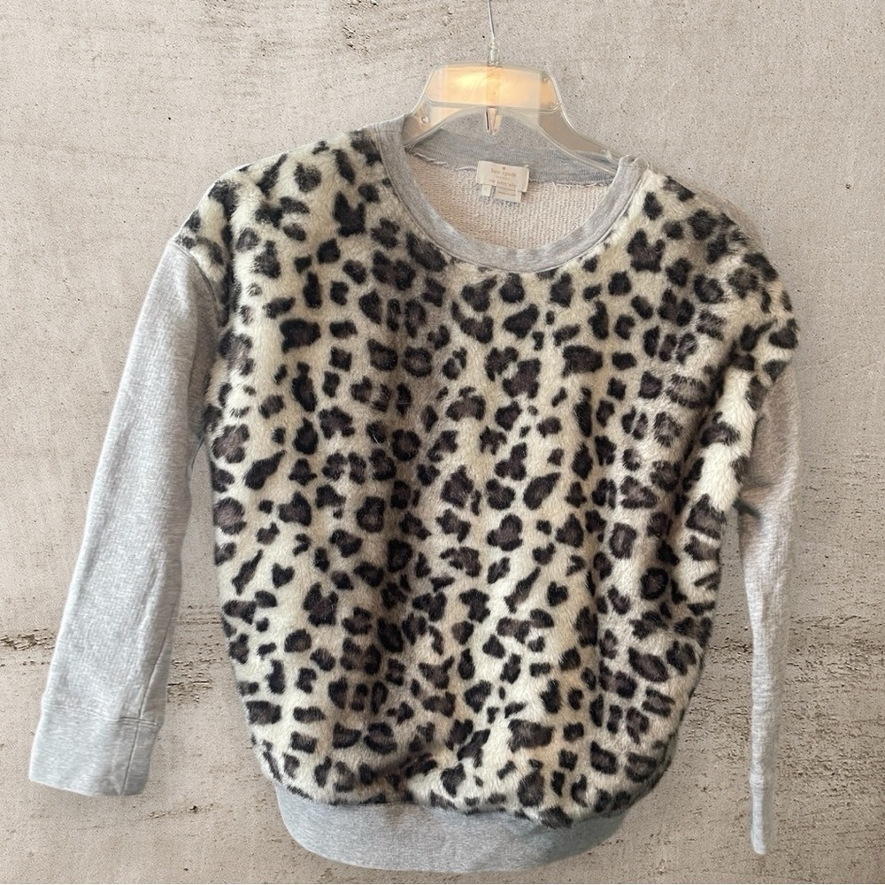 kate spade Leopard-Print Faux Fur Front Crew Sweater in Gray and Black